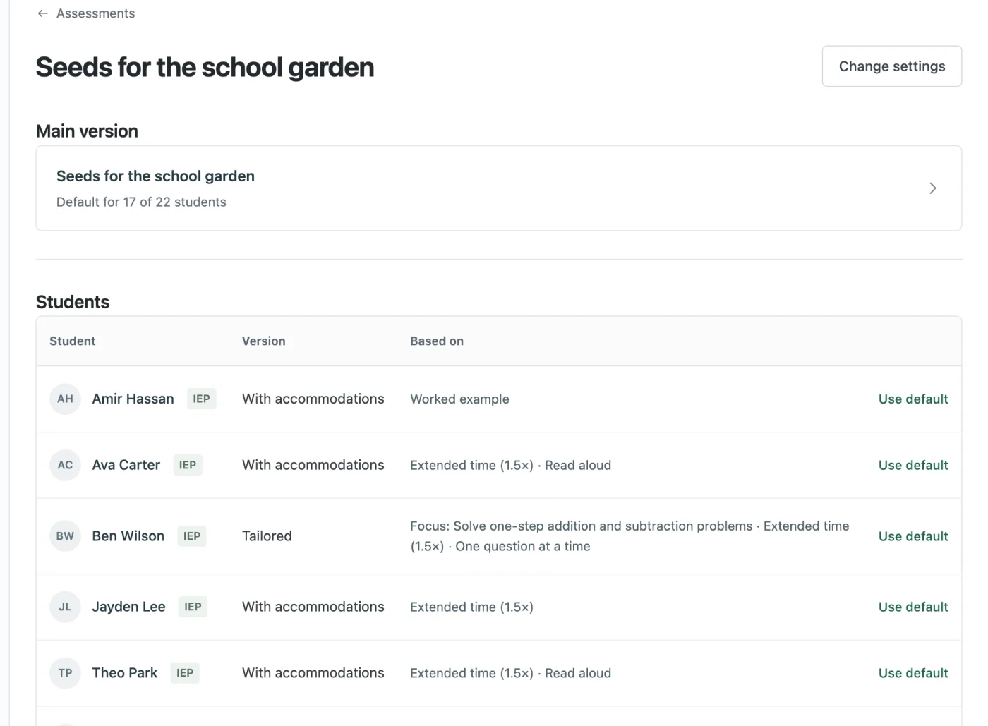 Assessment overview listing students with IEPs and their versions: with accommodations or tailored.
